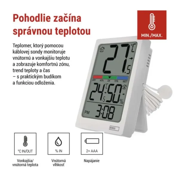 Digitálny teplomer s vlhkomerom a drôtovým snímačom budík E0558P
