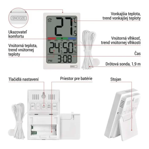 Digitálny teplomer s vlhkomerom a drôtovým snímačom budík E0558P